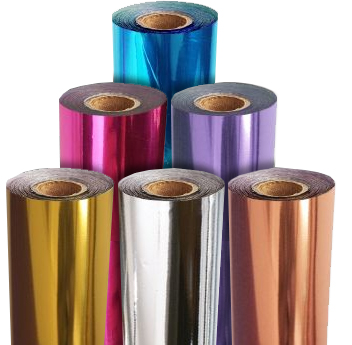 A set of vibrant metallic foil rolls in various colors, including gold, silver, blue, pink, purple, and copper.