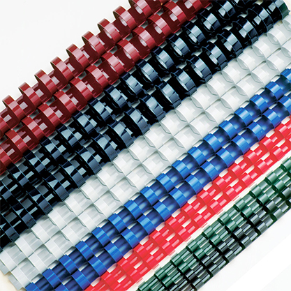 A variety of colored plastic combs for binding sizes are neatly arranged in rows.