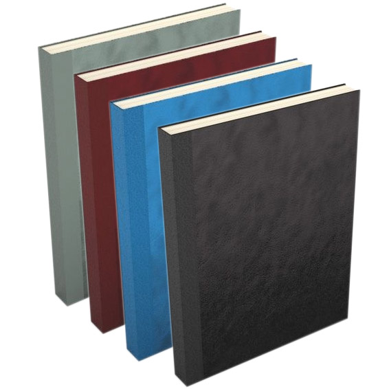 A set of four Fastback Easyback Hard Covers in black, blue, red, and grey, ideal for binding and protecting documents.
