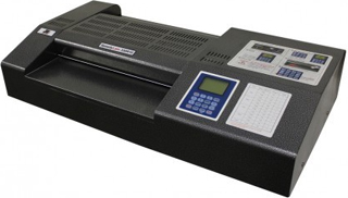 A black SpeedyLam 330R Pouch Laminator with a digital control panel and multiple settings for professional-grade lamination.