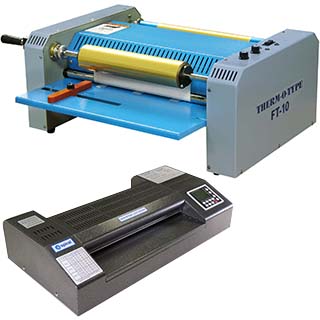 Two different types of foil fusing machines, used for applying metallic foil to printed materials.