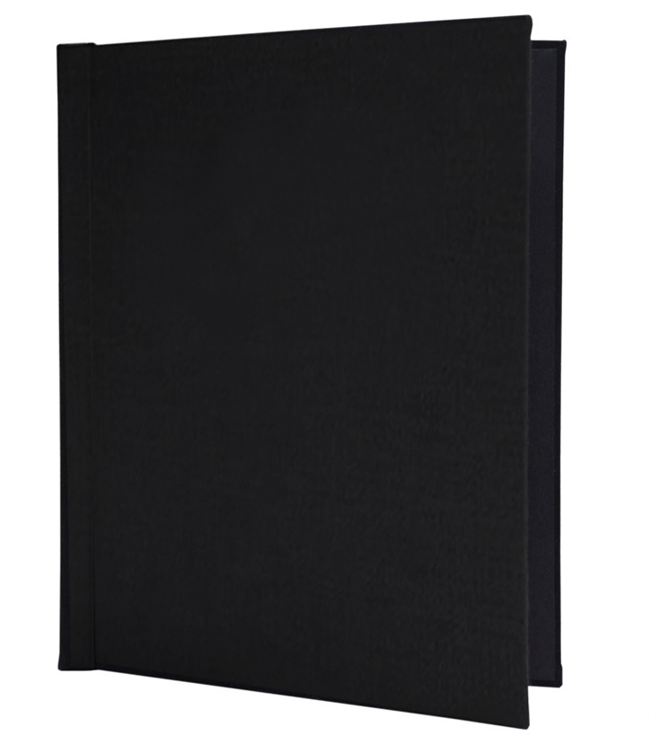 An 8.5" x 11" Black Faux Leather Portrait Pinchbook Hardcover Photo Book with a sleek, minimalist design.
