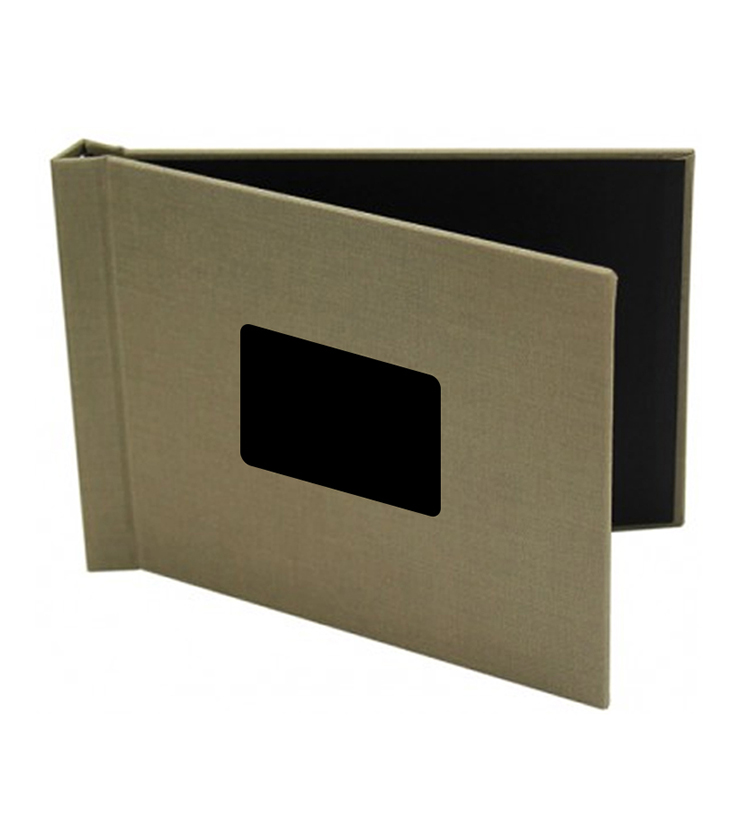 8" x 10" Taupe Linen Landscape Pinchbook Hardcover Photo Book with Window, showcasing a sleek, minimalist design perfect for preserving your cherished memories.