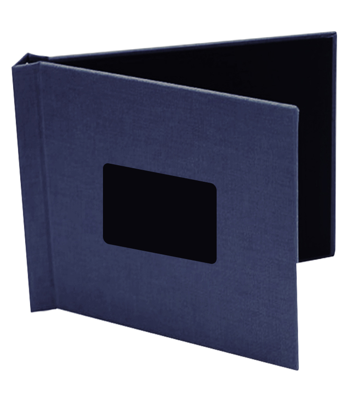 An 8" x 8" Blue Linen Square Pinchbook Hardcover Photo Book with Window, perfect for displaying cherished memories.