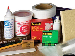 A variety of book repair kits including adhesives, tapes, and other tools for book restoration and preservation.