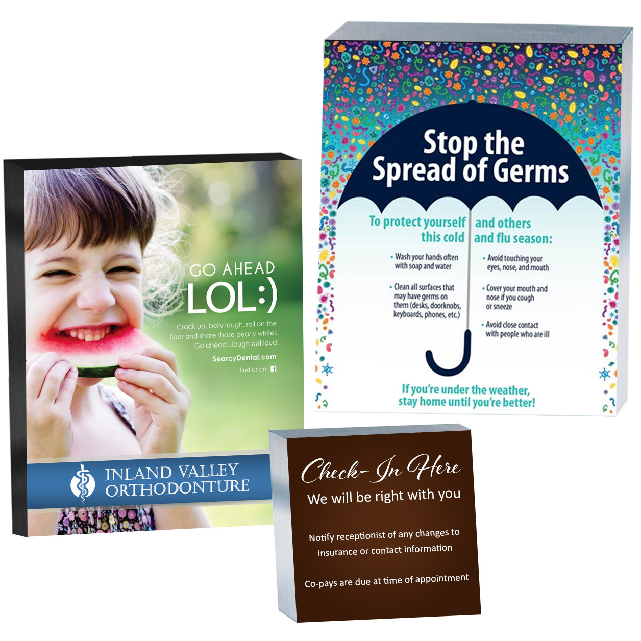 A variety of posters, including health guidelines and cheerful dental advertisements, displayed on Silver Linings Photo Mounting Frames.